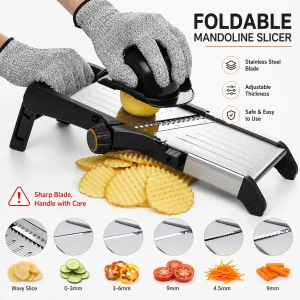 Mandoline Slicer, Stainless Steel, 5 blades Adjustable Thickness w/ Cut Resistant Gloves and Cleaning Brush