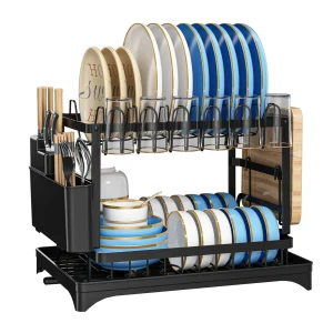 2-Tier Metal Dish Rack with Cup Holder,  Drainage Tray