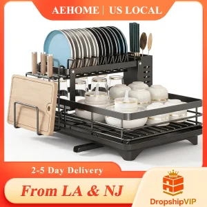 2-Tier Dish Drying Rack with Drainboard Utensil & Cutting Board Holder