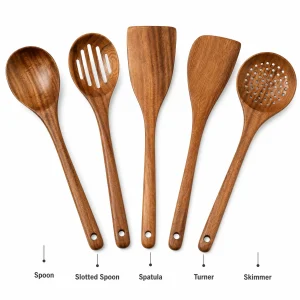 5 PC Natural Wood Kitchen Utensils Set, Heat Resistant Non-Stick Cookware