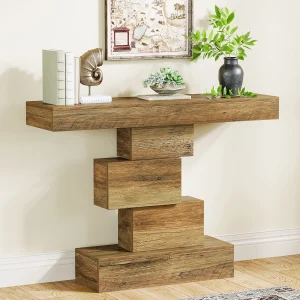 Sofa, Farmhouse, Console, Entryway, Accent Table, Wooden with Geometric Base, Chocolate or Dark Khaki