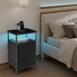 End Table with Light, 3 Drawers and Charging Station, Black or Rust