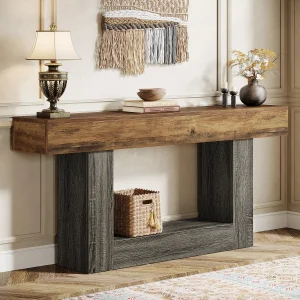 Farmhouse Wooden Accent, Sofa, Entryway, Console 2-Tier Table, 63 Inch, 6 colors